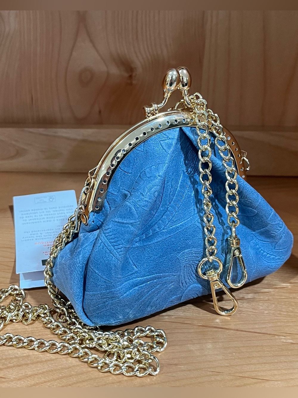 ISADORA Made In Italy Leather Tooled Kiss Lock Pouch With Detachable Chain NWT